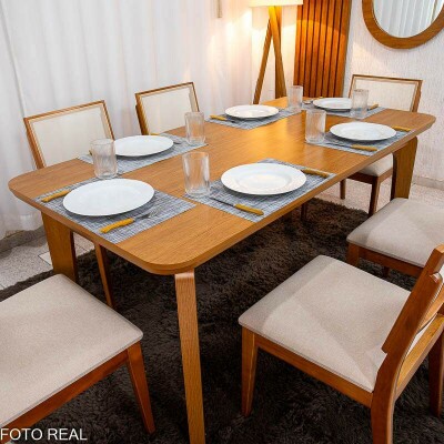 Mesa de Jantar Londrina 180x90 Cinamomo Rufato + 6 Cad. Dubai Linho Bege Madeira - Art Assento