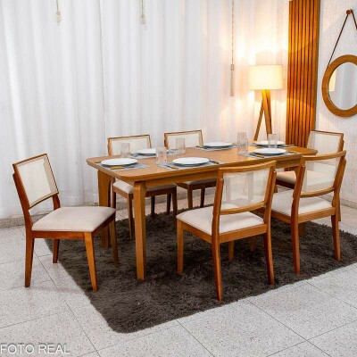 Mesa de Jantar Londrina 180x90 Cinamomo Rufato + 6 Cad. Dubai Linho Bege Madeira - Art Assento