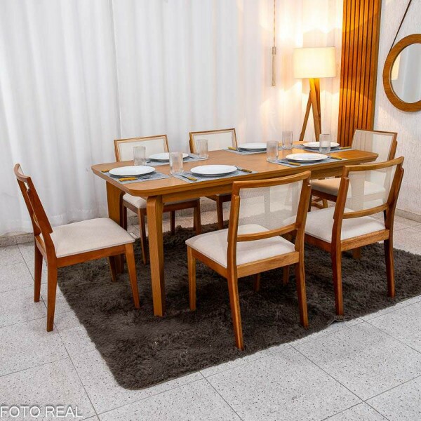 Mesa de Jantar Londrina 180x90 Cinamomo Rufato + 6 Cad. Dubai Linho Bege Madeira - Art Assento