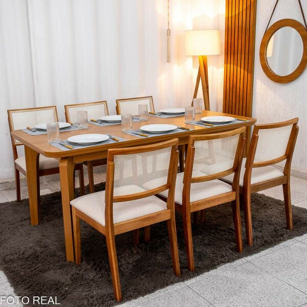 Mesa de Jantar Londrina 180x90 Cinamomo Rufato + 6 Cad. Dubai Linho Bege Madeira - Art Assento