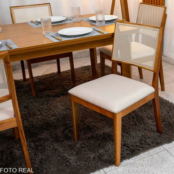 Mesa de Jantar Londrina 180x90 Cinamomo Rufato + 6 Cad. Dubai Linho Bege Madeira - Art Assento