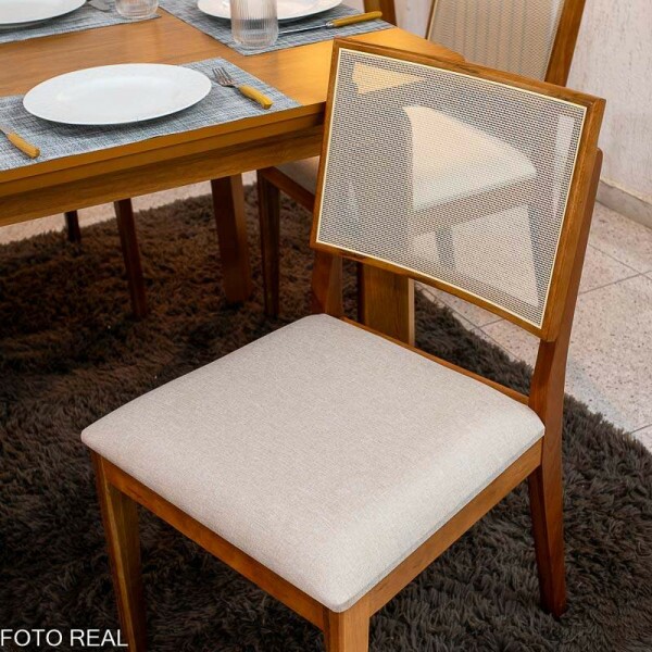 Mesa de Jantar Londrina 180x90 Cinamomo Rufato + 6 Cad. Dubai Linho Bege Madeira - Art Assento