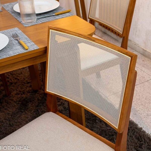 Mesa de Jantar Londrina 180x90 Cinamomo Rufato + 6 Cad. Dubai Linho Bege Madeira - Art Assento