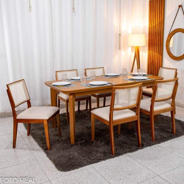 Mesa de Jantar Londrina 180x90 Cinamomo Rufato + 6 Cad. Dubai Linho Bege Madeira - Art Assento