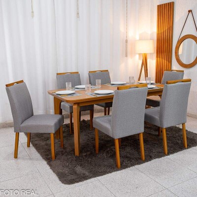 Mesa de Jantar Londrina 180x90 Cinamomo Rufato + 6 Cad. Isabela Linho Cinza 05 Madeira - Art Assento