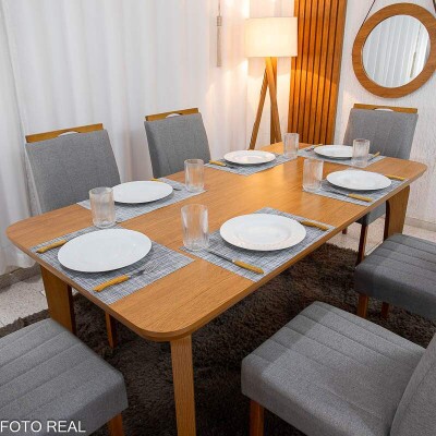 Mesa de Jantar Londrina 180x90 Cinamomo Rufato + 6 Cad. Isabela Linho Cinza 05 Madeira - Art Assento