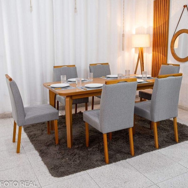 Mesa de Jantar Londrina 180x90 Cinamomo Rufato + 6 Cad. Isabela Linho Cinza 05 Madeira - Art Assento