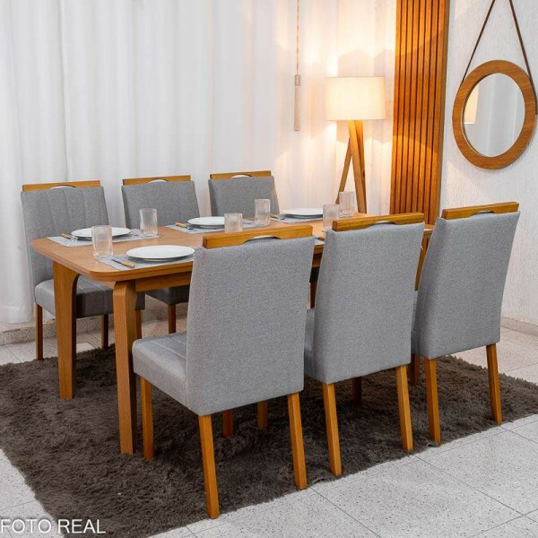 Mesa de Jantar Londrina 180x90 Cinamomo Rufato + 6 Cad. Isabela Linho Cinza 05 Madeira - Art Assento