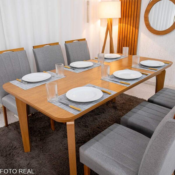 Mesa de Jantar Londrina 180x90 Cinamomo Rufato + 6 Cad. Isabela Linho Cinza 05 Madeira - Art Assento