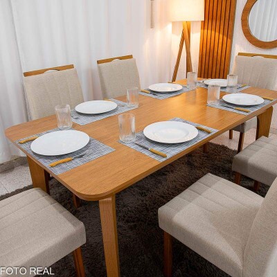 Mesa de Jantar Londrina 180x90 Cinamomo Rufato + 6 Cad. Isabela Linho Bege 01 Madeira - KM Decor 