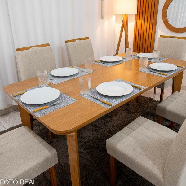 Mesa de Jantar Londrina 180x90 Cinamomo Rufato + 6 Cad. Isabela Linho Bege 01 Madeira - KM Decor