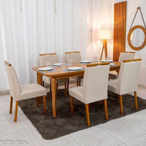 Mesa de Jantar Londrina 180x90 Cinamomo Rufato + 6 Cad. Isabela Linho Bege 01 Madeira - KM Decor