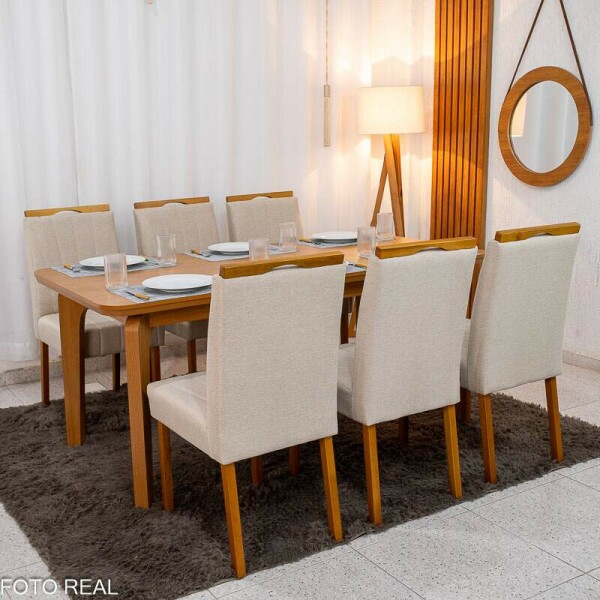 Mesa de Jantar Londrina 180x90 Cinamomo Rufato + 6 Cad. Isabela Linho Bege 01 Madeira - KM Decor