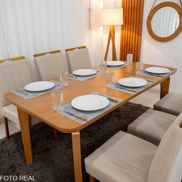 Mesa de Jantar Londrina 180x90 Cinamomo Rufato + 6 Cad. Isabela Linho Bege 01 Madeira - KM Decor
