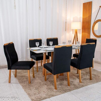Mesa de Jantar Pedro 16080 Mel Vidro Off + 6 Cad. Genova Veludo Preto 504 Madeira Art Assento - Entregue Montada