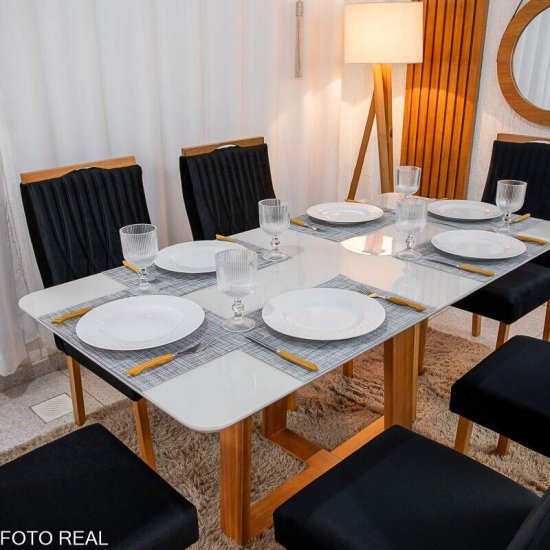 Mesa de Jantar Pedro 160x80 Mel Vidro Off + 6 Cadeiras G�nova Veludo Preto 504 Art Assento - Entregue Montada