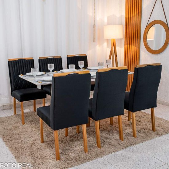 Mesa de Jantar Pedro 160x80 Mel Vidro Off + 6 Cadeiras G�nova Veludo Preto 504 Art Assento - Entregue Montada