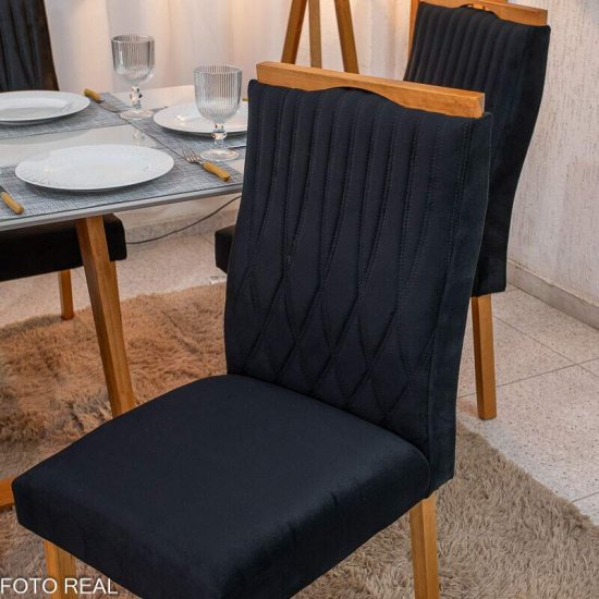 Mesa de Jantar Pedro 160x80 Mel Vidro Off + 6 Cadeiras G�nova Veludo Preto 504 Art Assento - Entregue Montada