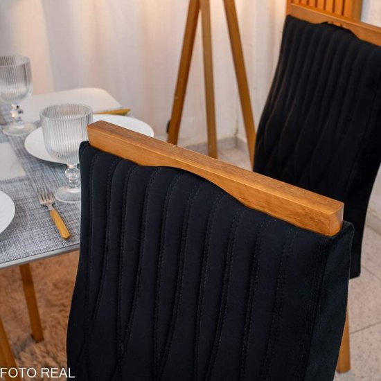 Mesa de Jantar Pedro 160x80 Mel Vidro Off + 6 Cadeiras G�nova Veludo Preto 504 Art Assento - Entregue Montada
