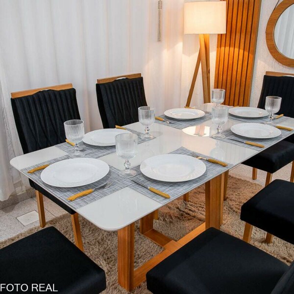 Mesa de Jantar Pedro 16080 Mel Vidro Off + 6 Cad. Genova Veludo Preto 504 Madeira Art Assento - Entregue Montada