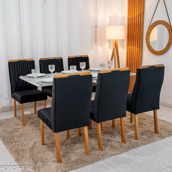Mesa de Jantar Pedro 16080 Mel Vidro Off + 6 Cad. Genova Veludo Preto 504 Madeira Art Assento - Entregue Montada