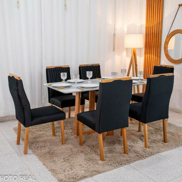 Mesa de Jantar Pedro 16080 Mel Vidro Off + 6 Cad. Genova Veludo Preto 504 Madeira Art Assento - Entregue Montada