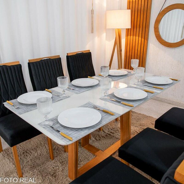 Mesa de Jantar Pedro 16080 Mel Vidro Off + 6 Cad. Genova Veludo Preto 504 Madeira Art Assento - Entregue Montada