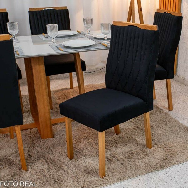 Mesa de Jantar Pedro 16080 Mel Vidro Off + 6 Cad. Genova Veludo Preto 504 Madeira Art Assento - Entregue Montada