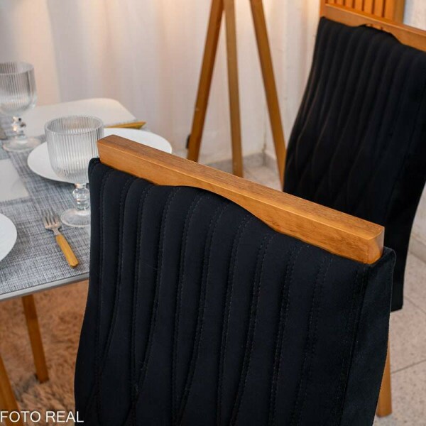 Mesa de Jantar Pedro 16080 Mel Vidro Off + 6 Cad. Genova Veludo Preto 504 Madeira Art Assento - Entregue Montada