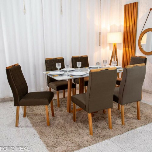 Mesa de Jantar Pedro 16080 Vidro Off/Base Madeira + 6 Cad. Lisboa Veludo Marrom 509 Madeira Art Assento - Entregue Montada