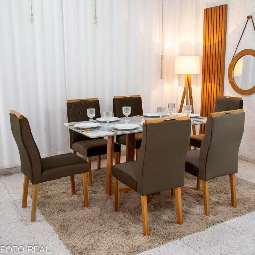 Mesa de Jantar Pedro 16080 Vidro Off/Base Madeira + 6 Cad. Lisboa Veludo Marrom 509 Madeira Art Assento - Entregue Montada