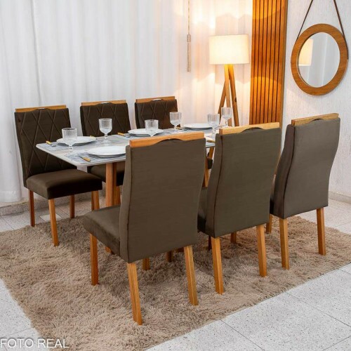 Mesa de Jantar Pedro 16080 Vidro Off/Base Madeira + 6 Cad. Lisboa Veludo Marrom 509 Madeira Art Assento - Entregue Montada