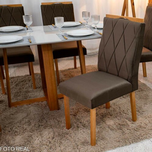 Mesa de Jantar Pedro 16080 Vidro Off/Base Madeira + 6 Cad. Lisboa Veludo Marrom 509 Madeira Art Assento - Entregue Montada