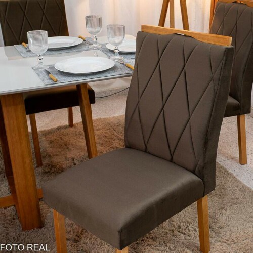 Mesa de Jantar Pedro 16080 Vidro Off/Base Madeira + 6 Cad. Lisboa Veludo Marrom 509 Madeira Art Assento - Entregue Montada
