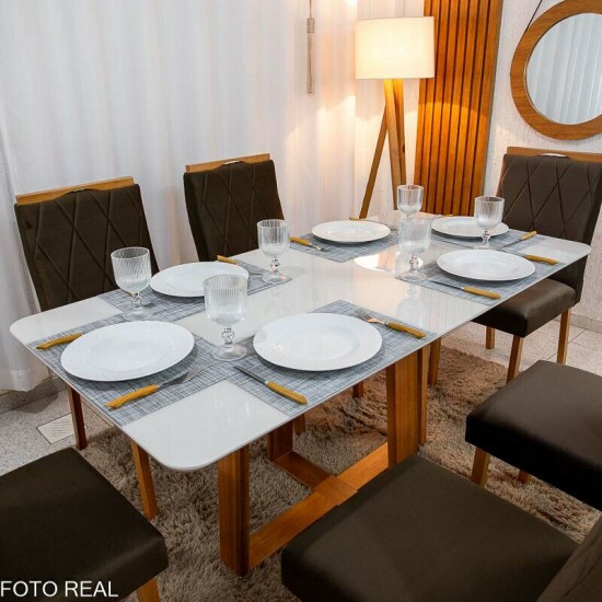 Mesa de Jantar Pedro 160x80 Vidro Off Base Madeira + 6 Cadeiras Lisboa Veludo Marrom 509 Art Assento - Entregue Montada