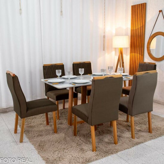 Mesa de Jantar Pedro 160x80 Vidro Off Base Madeira + 6 Cadeiras Lisboa Veludo Marrom 509 Art Assento - Entregue Montada