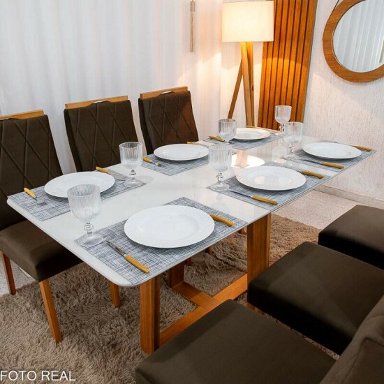 Mesa de Jantar Pedro 160x80 Vidro Off Base Madeira + 6 Cadeiras Lisboa Veludo Marrom 509 Art Assento - Entregue Montada