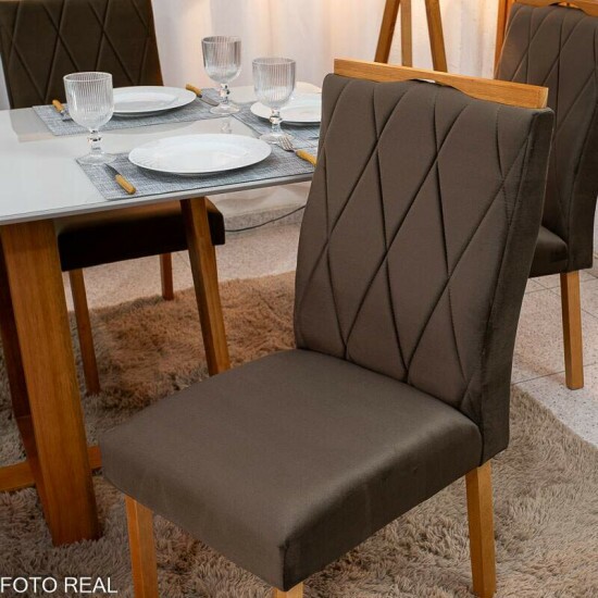 Mesa de Jantar Pedro 160x80 Vidro Off Base Madeira + 6 Cadeiras Lisboa Veludo Marrom 509 Art Assento - Entregue Montada