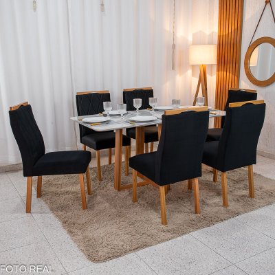 Mesa de Jantar Pedro 160x80 Vidro Off Base Madeira + 6 Cadeiras Lisboa Veludo Preto 504 Art Assento - Entregue Montada
