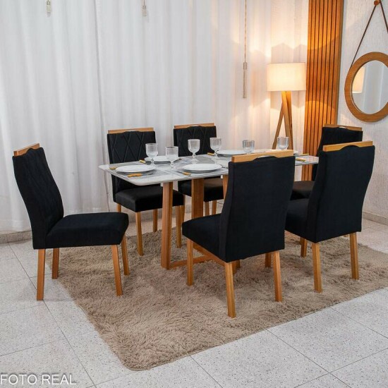 Mesa de Jantar Pedro 160x80 Vidro Off Base Madeira + 6 Cadeiras Lisboa Veludo Preto 504 Art Assento - Entregue Montada
