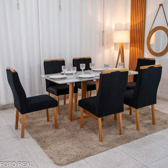 Mesa de Jantar Pedro 160x80 Vidro Off Base Madeira + 6 Cadeiras Lisboa Veludo Preto 504 Art Assento - Entregue Montada