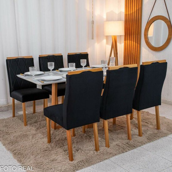 Mesa de Jantar Pedro 160x80 Vidro Off Base Madeira + 6 Cadeiras Lisboa Veludo Preto 504 Art Assento - Entregue Montada