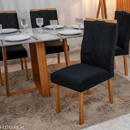 Mesa de Jantar Pedro 160x80 Vidro Off Base Madeira + 6 Cadeiras Lisboa Veludo Preto 504 Art Assento - Entregue Montada