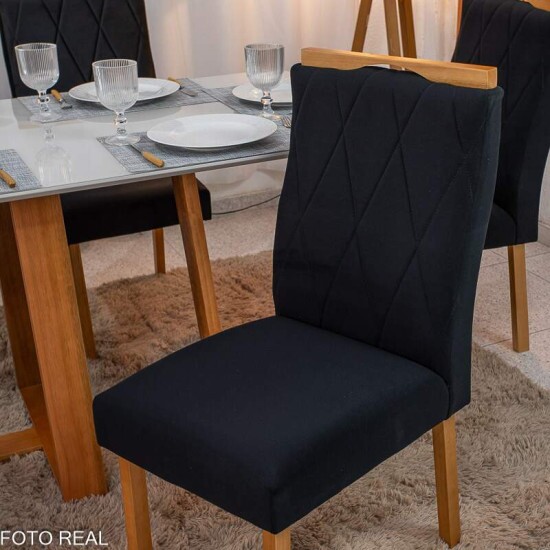 Mesa de Jantar Pedro 160x80 Vidro Off Base Madeira + 6 Cadeiras Lisboa Veludo Preto 504 Art Assento - Entregue Montada