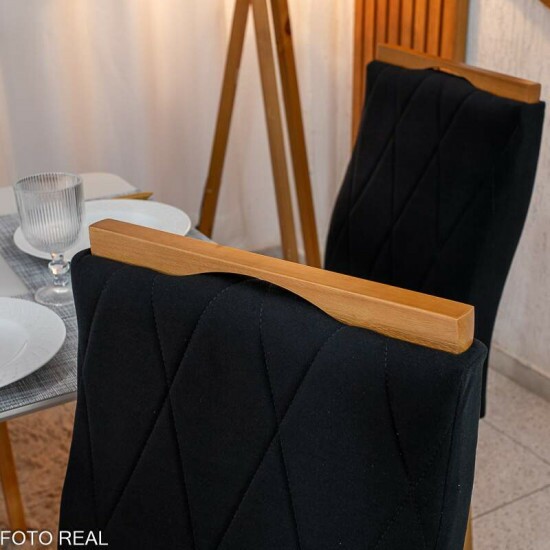 Mesa de Jantar Pedro 160x80 Vidro Off Base Madeira + 6 Cadeiras Lisboa Veludo Preto 504 Art Assento - Entregue Montada
