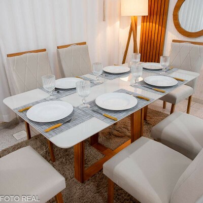 Mesa de Jantar Pedro 16080 Vidro Off/Base Madeira + 6 Cad. Lisboa Veludo Bege 512 Madeira Art Assento - Entregue Montada