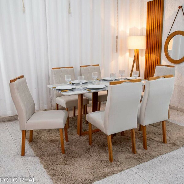 Mesa de Jantar Pedro 16080 Vidro Off/Base Madeira + 6 Cad. Lisboa Veludo Bege 512 Madeira Art Assento - Entregue Montada