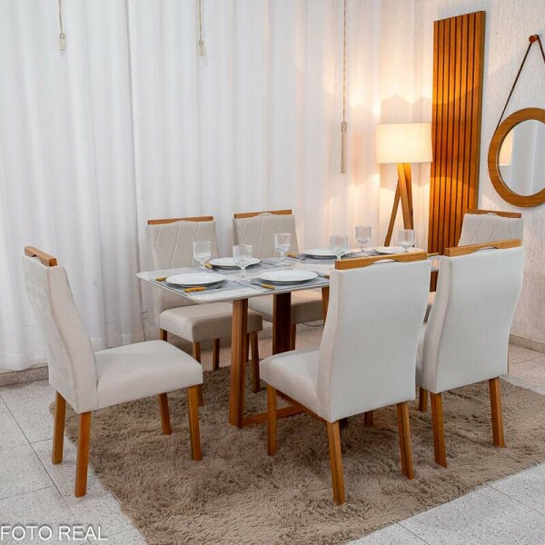 Mesa de Jantar Pedro 16080 Vidro Off/Base Madeira + 6 Cad. Lisboa Veludo Bege 512 Madeira Art Assento - Entregue Montada