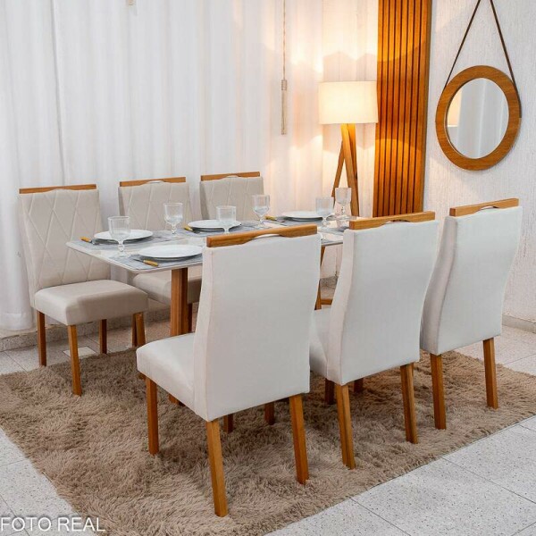 Mesa de Jantar Pedro 16080 Vidro Off/Base Madeira + 6 Cad. Lisboa Veludo Bege 512 Madeira Art Assento - Entregue Montada