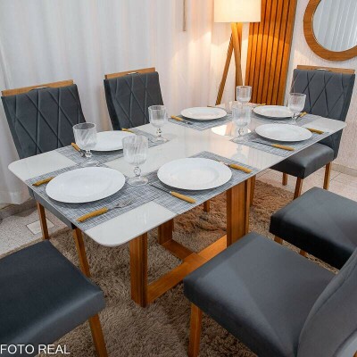 Mesa de Jantar Pedro 160x80 Vidro Off/Base Madeira + 6 Cad. Lisboa Veludo Cinza 507 Madeira Art Assento - Entregue Montada